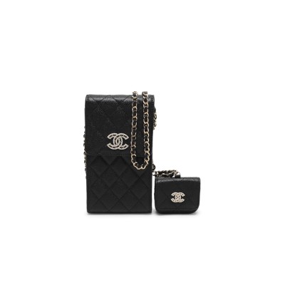 CHANEL BLACK QUILTED CAVIAR CC PHONE CLUTCH WITH POUCH GOLD HARDWARE (18.5*10*2.5cm) 